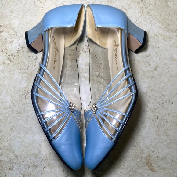 Vintage Womens Princess Blue Pumps Clear Sides Silver Accents Retro Prom Wedding - Picture 11 of 12
